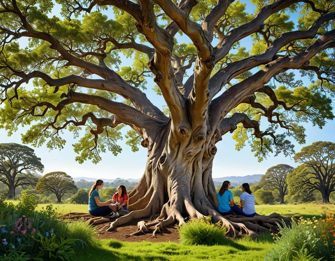 An ancient, sprawling oak tree with intricate bark patterns, its branches showcasing a variety of leaves labeled with botanical names and colorful tags. Below the tree, a diverse group of people, representing different cultures, are engaged in discussing tree care, surrounded by lush greenery and a sunny sky. Incorporate a subtle illustration of a tree classification chart in the background. vibrant colors. super-realistic.