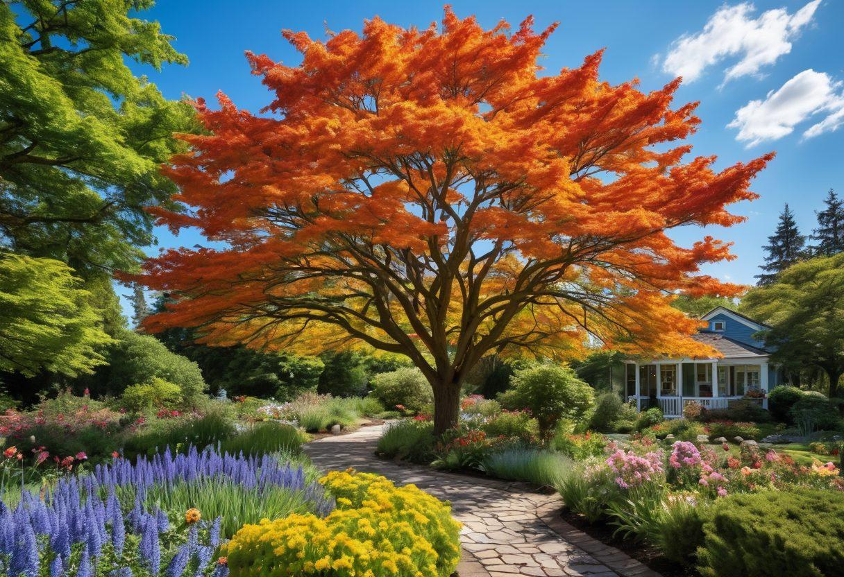 A serene garden filled with diverse tree species, labeled with their names and care techniques. In the foreground, a gardener examining a tree's leaves with a magnifying glass. Surrounding the trees, vibrant flowers and insects symbolize a healthy ecosystem. The sky is a bright blue, suggesting a sunny day perfect for gardening. Artistic style: super-realistic, vibrant colors.