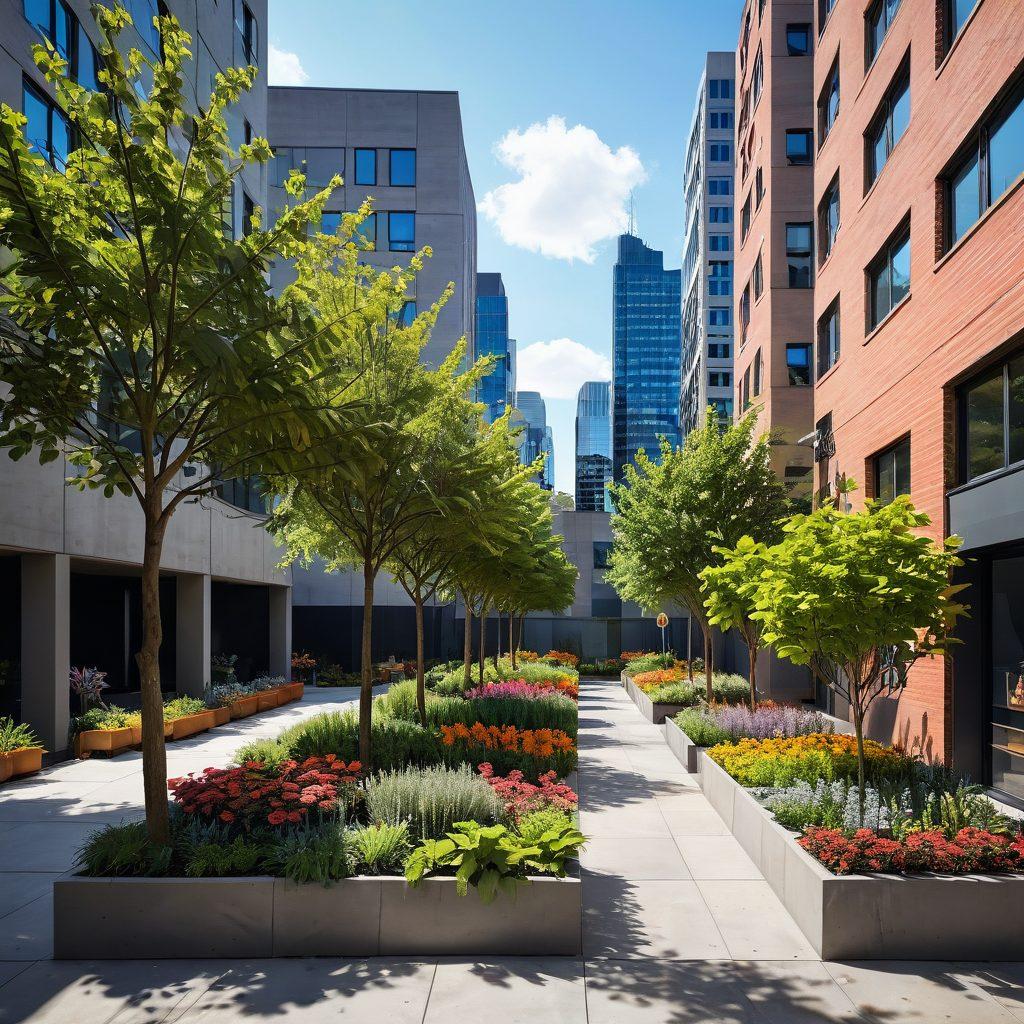An intricate illustration showcasing diverse tree varieties, including flowering, fruiting, and evergreen species, positioned in a vibrant urban landscape setting. Incorporate elements like planters, city buildings, and a gardener tending to the trees, symbolizing horticultural practices. The scene should feel lively and inviting, reflecting greenery in a concrete jungle. Use bright colors to enhance the urban atmosphere. vector art. vibrant colors. 3D.